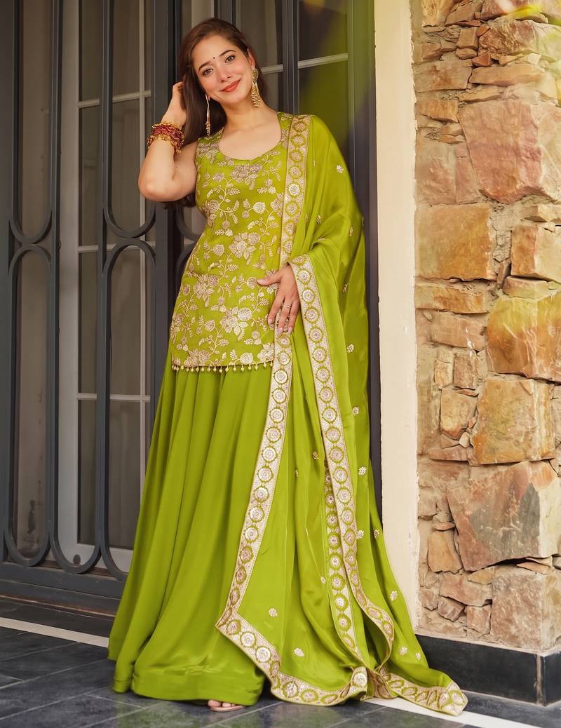 Green color koza silk fabric beautiful designer embroidery work ethnic partywear attire