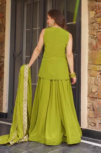 Green color koza silk fabric beautiful designer embroidery work ethnic partywear attire