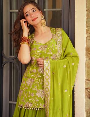 Green color koza silk fabric beautiful designer embroidery work ethnic partywear attire 3