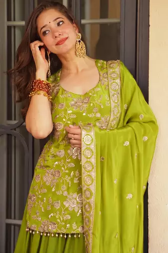 Green color koza silk fabric beautiful designer embroidery work ethnic partywear attire