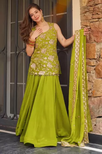Green color koza silk fabric beautiful designer embroidery work ethnic partywear attire