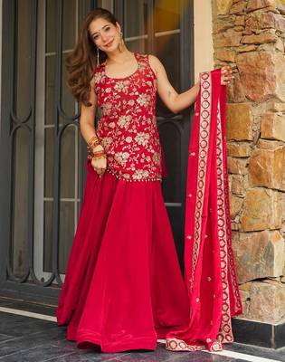 Red color koza silk fabric beautiful designer embroidery work ethnic partywear attire 1