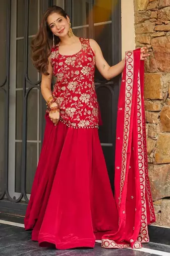 Red color koza silk fabric beautiful designer embroidery work ethnic partywear attire