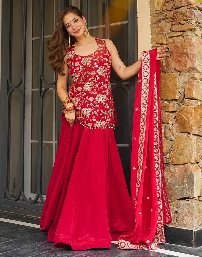 Red color koza silk fabric beautiful designer embroidery work ethnic partywear attire