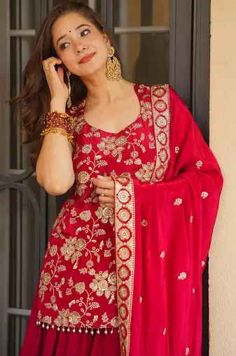 Red color koza silk fabric beautiful designer embroidery work ethnic partywear attire