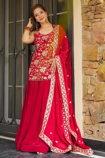 Red color koza silk fabric beautiful designer embroidery work ethnic partywear attire