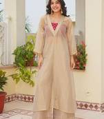 Beige color crunchy fabric beautiful designer embroidery work ethnic partywear attire
