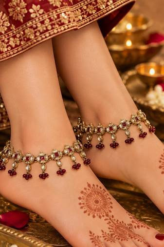 Maroon mehandi-plated agate stone anklets