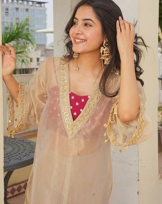 Beige color crunchy fabric beautiful designer embroidery work ethnic partywear attire 3
