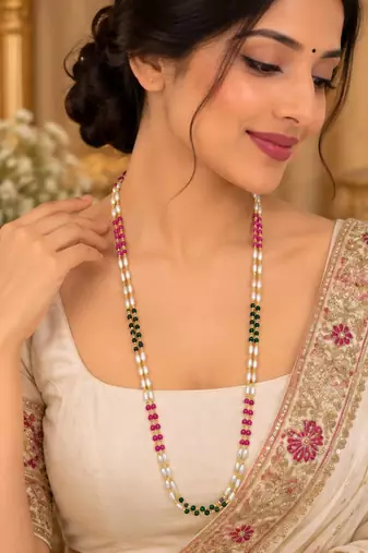 Maroon green gold-plated moti mala two-line necklace