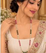 Maroon green gold-plated moti mala two-line necklace