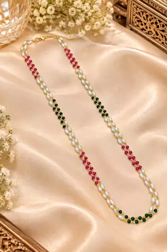Maroon green gold-plated moti mala two-line necklace