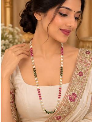 Maroon green gold-plated moti mala two-line necklace 3