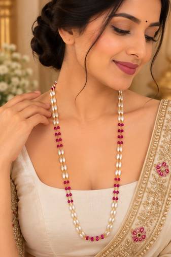 Maroon gold-plated moti mala two-line necklace