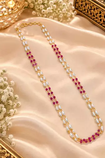 Maroon gold-plated moti mala two-line necklace