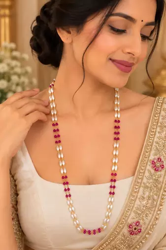 Maroon gold-plated moti mala two-line necklace