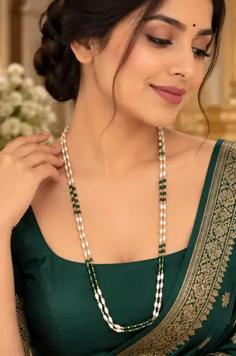 Green gold-plated moti mala two-line necklace