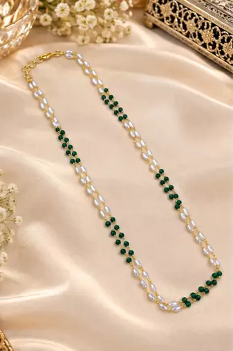 Green gold-plated moti mala two-line necklace