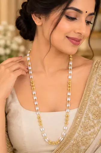 White gold-plated moti mala two-line necklace