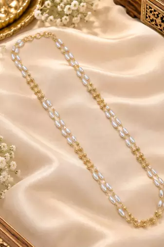 White gold-plated moti mala two-line necklace