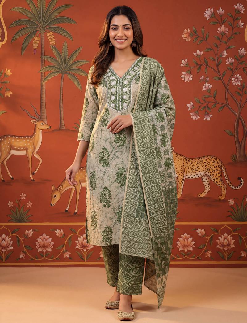 Green color smart and elegant casual formal style kurta set for girls