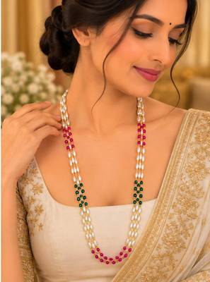 Maroon green gold-plated moti mala three-line necklace 1