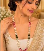 Maroon green gold-plated moti mala three-line necklace
