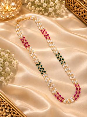 Maroon green gold-plated moti mala three-line necklace 2