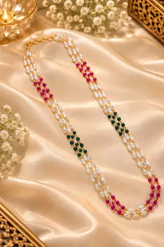 Maroon green gold-plated moti mala three-line necklace