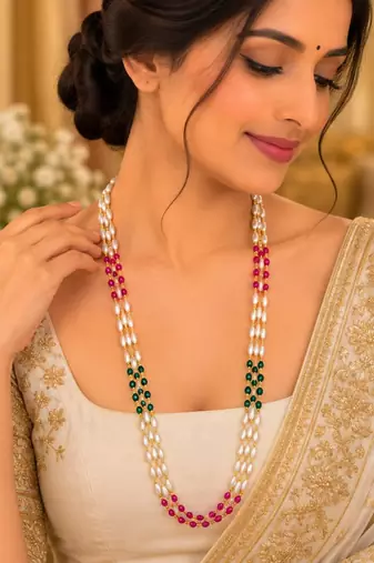 Maroon green gold-plated moti mala three-line necklace