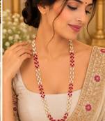 Maroon gold-plated moti mala three-line necklace