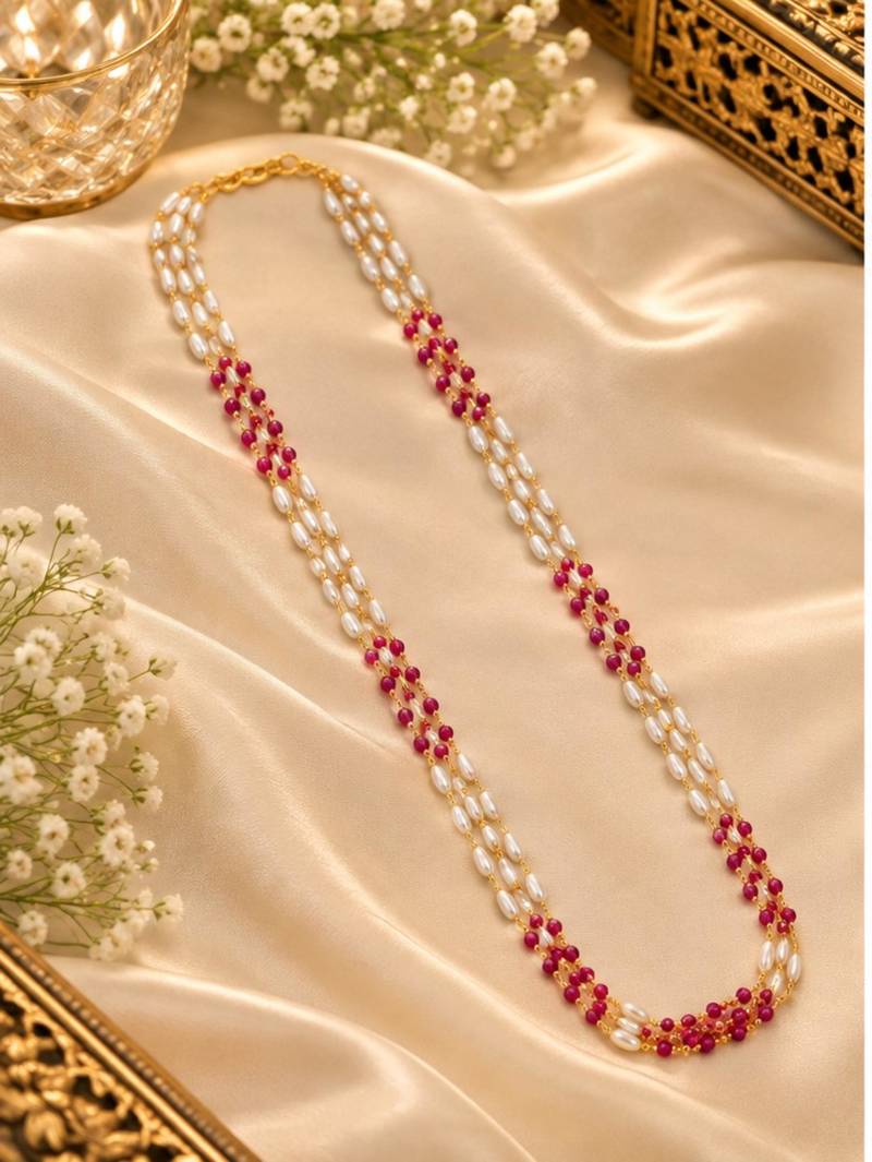 Maroon gold-plated moti mala three-line necklace