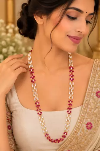 Maroon gold-plated moti mala three-line necklace