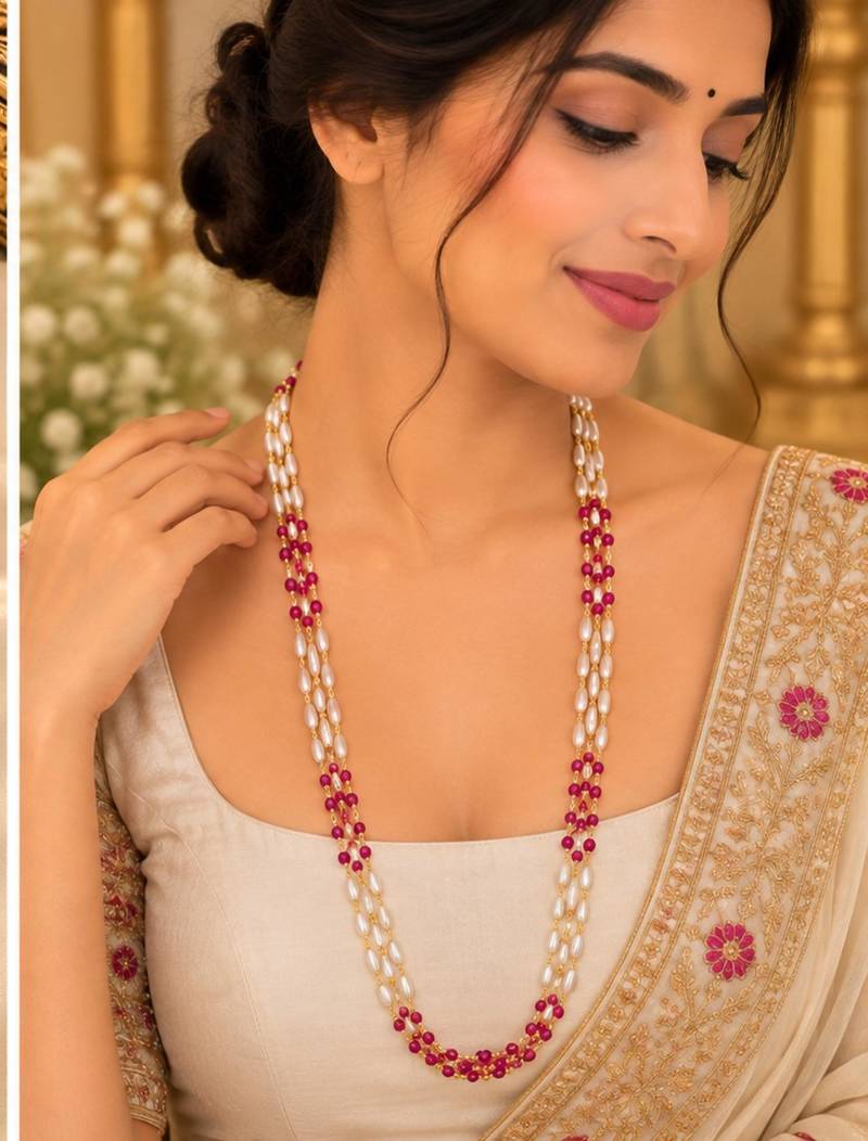 Maroon gold-plated moti mala three-line necklace