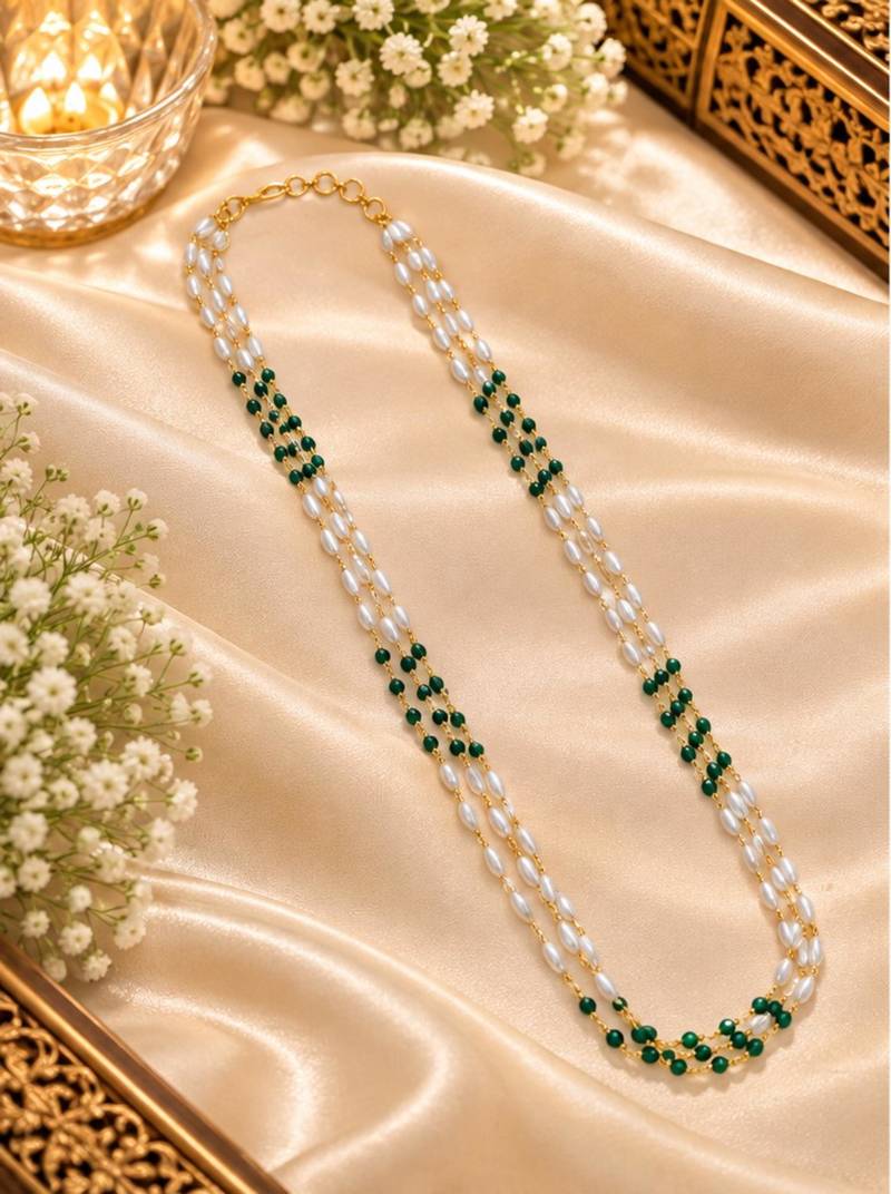 Green gold-plated moti mala three-line necklace