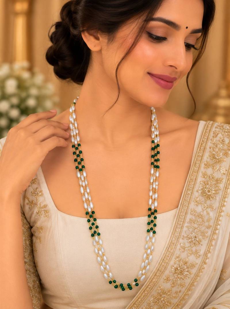 Green gold-plated moti mala three-line necklace