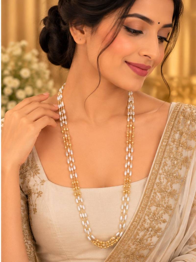 White gold-plated moti mala three-line necklace
