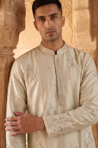 Silver color silk fabric designer embroidery work ceremonial kurta payjama for men's