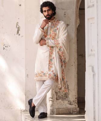 White color silk fabric designer embroidery work ceremonial kurta payjama for men's 1