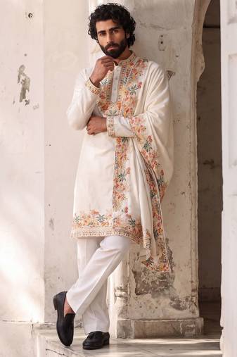 White color silk fabric designer embroidery work ceremonial kurta payjama for men's