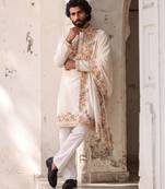 White color silk fabric designer embroidery work ceremonial kurta payjama for men's