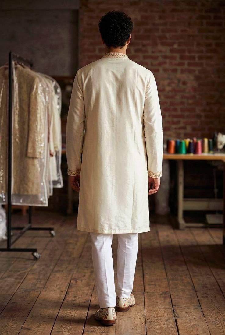 White color silk fabric designer embroidery work ceremonial kurta payjama for men's