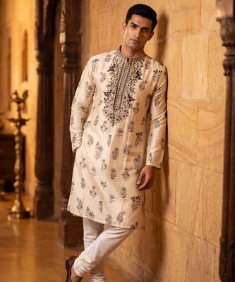 Cream color roman silk fabric designer embroidery work ceremonial kurta payjama for men's 1