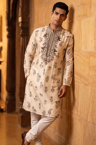 Cream color roman silk fabric designer embroidery work ceremonial kurta payjama for men's