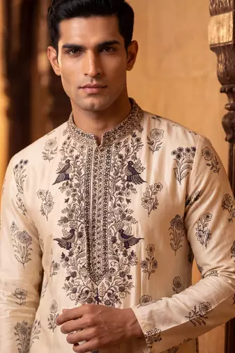 Cream color roman silk fabric designer embroidery work ceremonial kurta payjama for men's