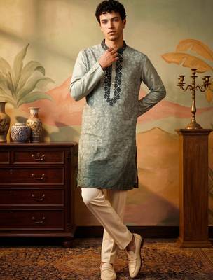Light green color silk fabric designer embroidery work ceremonial kurta payjama for men's 1
