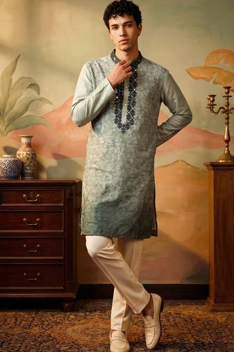 Light green color silk fabric designer embroidery work ceremonial kurta payjama for men's