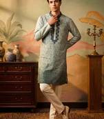 Light green color silk fabric designer embroidery work ceremonial kurta payjama for men's
