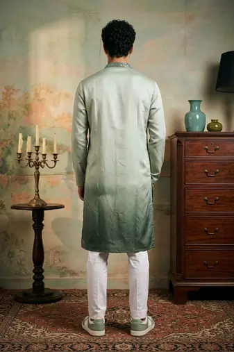 Light green color silk fabric designer embroidery work ceremonial kurta payjama for men's