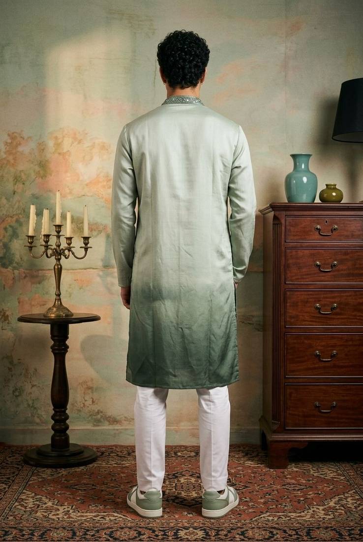 Light green color silk fabric designer embroidery work ceremonial kurta payjama for men's